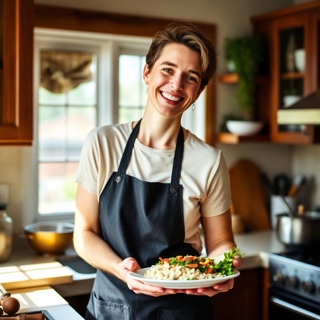 A vetted home chef holding a plated meal in their home kitchen