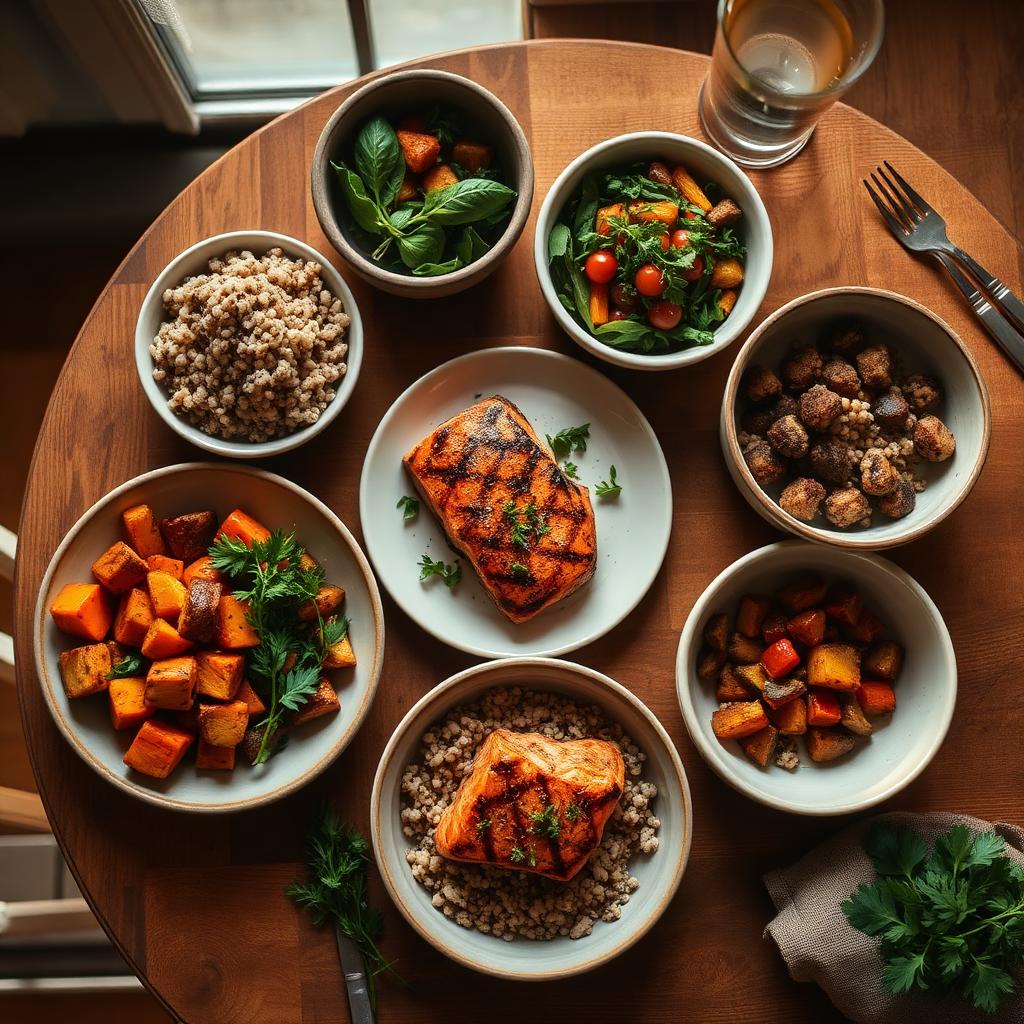 A week of home-cooked meals: grilled salmon, quinoa, roasted vegetables in ceramic bowls